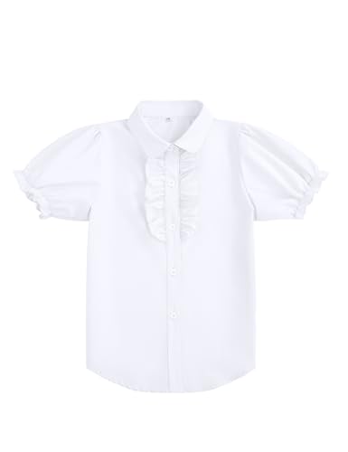 Girls Short Sleeve Button Down Shirts Ruffle School Uniform Crop Tops Peter Pan Collar Plaid Blouse 4-13Y White