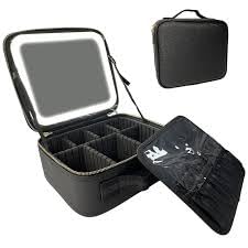 Saima Makeup Bag Travel Organizer with Mirror LED light Premium leather quality Waterproof Cosmetic Makeup Case with 3 color LED Light Adjustable Storage Divider (Black)