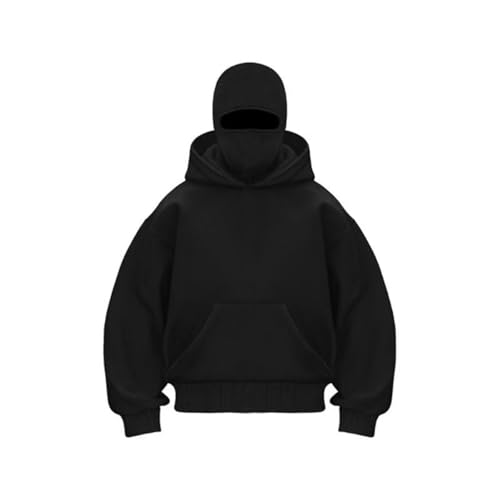 Geitven Balaclava Ninja Zipper Hoodie With Built In Balaclava,Double Hooded Jacket Hoodie With Mask,Winter Hoodies (Black (pullover),Large)