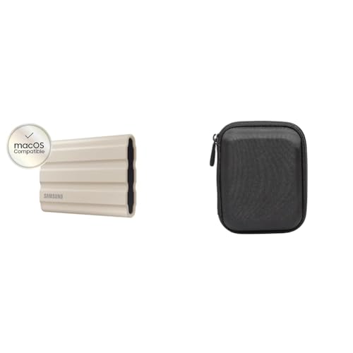 Samsung Portable SSD T7 Shield (MU-PE2T0K/EU), 2 TB, USB 3.2 Gen.2, 1.050 MB/s Lesen, 1.000 MB/s Schreiben, Beige + Amazon Basics Festplattentasche, schwarz
