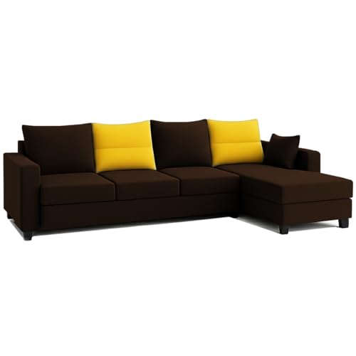 Image of CASASTYLE Texon 5 Seater Fabric RHS L Shape Sofa Set (Yellow-Dark Brown) Velvet Finish | Comfortable Sectional Sofa Set