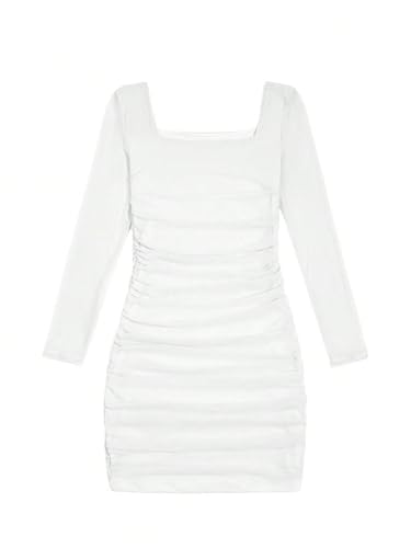 SOLY HUX Girl's Square Neck Long Sleeve Ruched Bodycon Mini Dress Plain White 11 Years