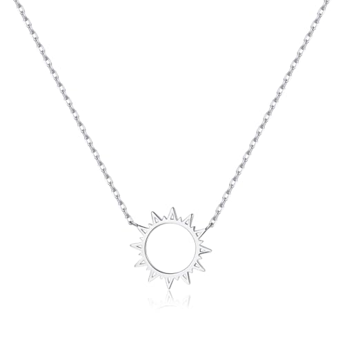 Reffeer Solid 925 Sterling Silver Sun Pendant Necklace for Women Teen Girls Sun Choker Necklace (A-Silver)