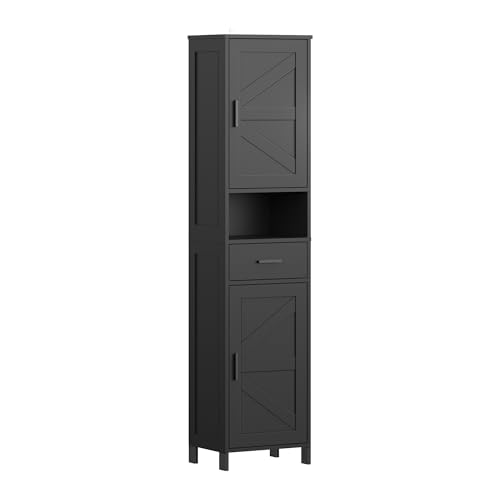 Image of 2 Door 1 Drawer Tall Storage Cabinet, Modern Farmhouse Bathroom Storage Cabinet with Adjustable Shelves, Kitchen Pantry Storage for Living Room,Kitchen and Hallway (Black)