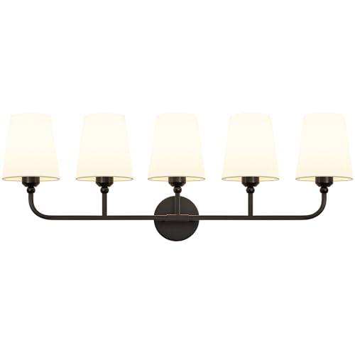 Image of Bathroom Vanity Light, Matte Black Bathroom Lighting Fixtures Over Mirror | 5-Light Bathroom Light Fixtures with Flared White Fabric Shade, E26 Socket (ETL Listed)
