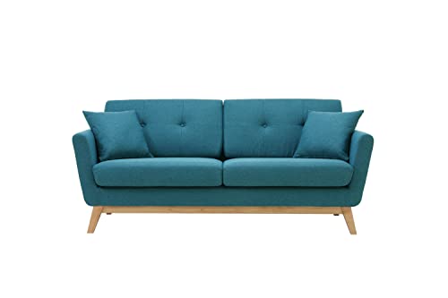 CONCEPT USINE | Canapé Scandinave Höga | Bleu Canard | 3 Places + 2 Coussins | Canapé Moderne Design Droit en Tissu avec Accoudoirs | Coussins d'Appoint,...
