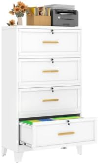 winiowa 4 Drawer File Cabinet, Metal Lateral File Cabinet with Lock, Locking Filing Cabinets for Home Office,Wide Office Storage Cabinet for Hanging Files Letter/Legal/F4/A4 Size White, 4-Drawer