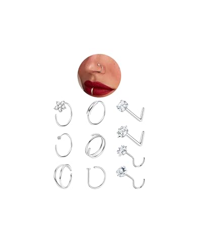 sawyofu 18G 20G Nose Ring Piercing Jewellery Silver 8MM 10PCS Small Thin Hypoallergenic Stainless Steel L-Shape Corkscrew Nose Stud Double Hoop Helix Body Piercing Jewellery for Women Men