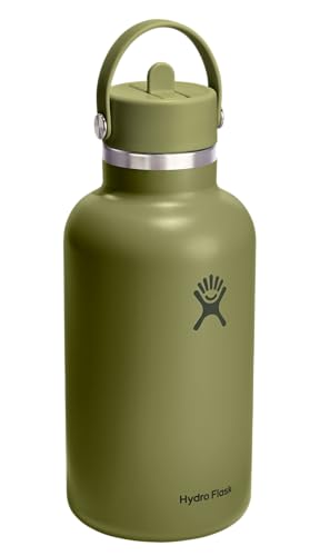 Image of Hydro Flask Water Bottle - Insulated Stainless Steel - Wide Mouth Flex Straw Lid, Non Spill, Leakproof and Refillable in 64 Oz Palmer Green