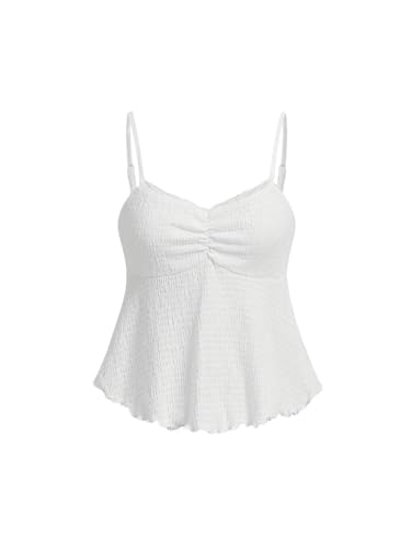 Floerns Women's Contrast Lace Lettuce Trim Asymmetrical Hem Ruched Cami Tops