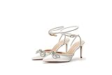 MissHeel Womens Satin Heels with Rhinestone Stiletto Ankle Strap Sparkly Heeled Sandals Closed Toe W