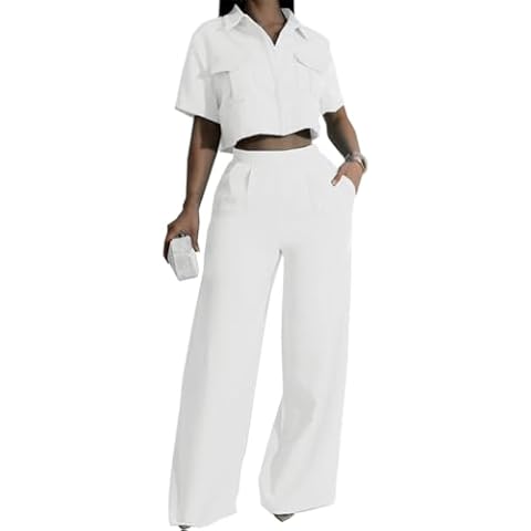 Shiyinvie 2 Piece Outfits for Women Casual Shirt Wide Leg Pants Solid Daily Suit, Elegant Outfits for Women, 2 Piece Summer Pants Sets for Women, 2 Piece Outfits for Women Dressy (White, M) Cover