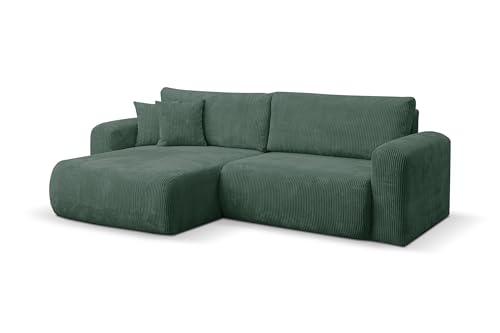 VENASI MÖBEL Canapé d'angle Roma en forme de L avec coffre de rangement et coffre de lit, couleur verte, tissu côtelé, méridienne universelle