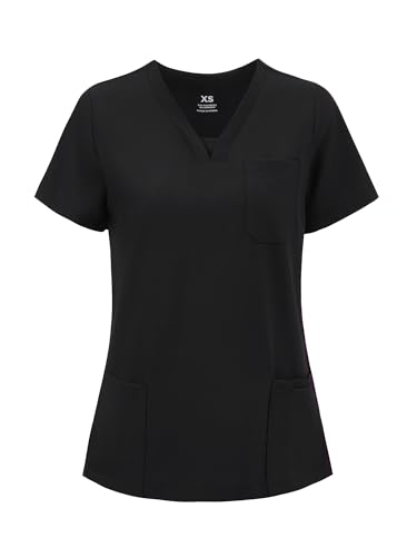 COZYFIT Scrubs for Women - V-Neck Women Scrub Tops with 3 Pockets Soft Stretch Black M