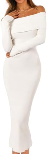 ELFIN Strickkleid Damen Elegant Cocktail Party Kleider Abendkleid Schulterfrei Langarm Pullover Kleid Hochzeit Festlich Bodycon Maxikleid (S, Weiß)