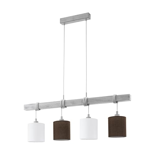 EGLO Pendelleuchte Townshend 2, 4 flammige Hängelampe Vintage, Hängeleuchte Holz, Stahl in Weiß-Patina und Textil, Leinen in Weiß, Braun, Esstischlampe, Wohnzimmerlampe hängend mit E27 Fassung