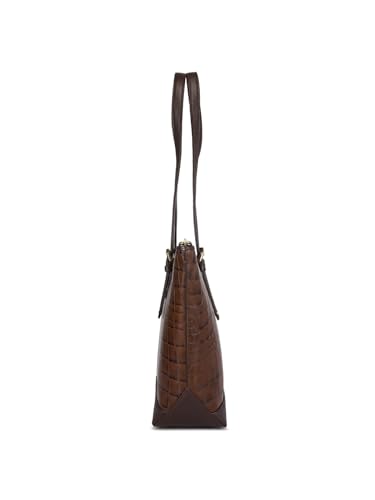 Image of Da Milano Leather Tote Bag for Women - Genuine Brown Handbag with Dual Texture, Zipper Closure & Everyday Elegance