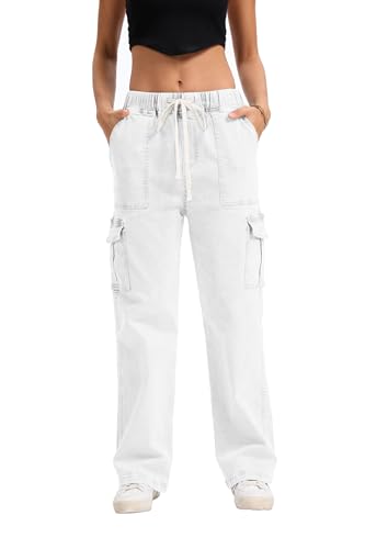 YOCUR Mid Rise Cargo Jeans Women Elastic Waist Stretch Wide Leg Denim Pants Pockets Multistyle Straight Leg Denim Trousers White XL