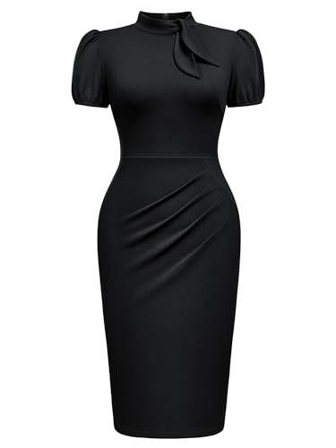 AISIZE Women's Elegant Tie Neck Puff Sleeves Ruched Cocktail Party Dress3