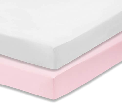 Image of Everyday Kids 2-Pack Fitted Crib Sheets, 100% Soft Breathable Microfiber Baby Sheet, Fits Standard Size Crib Mattress 28in x 52in, Pink Nursery Sheet and White Nursery Sheet