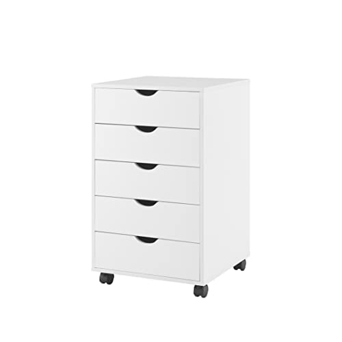 Image of Naomi Home 5 Drawer Storage Cabinet with Wheels White Wooden File Chest | Mobile drawer organizer with spacious storage, smooth-gliding drawers, and locking casters for home or office use.