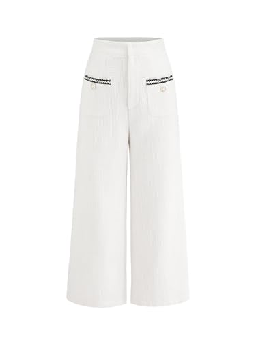 美品 MGD IN2PLEATED DRESS TROUSERS CIDER Tweed Mid Waist Solid Button Wide Leg Trousers: White