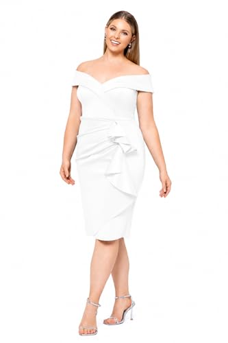 Image of Xscape Women's Bodycon Midi Off-The-Shoulder Ruffle Dress with Center Back Zipper, Petite & Plus Size