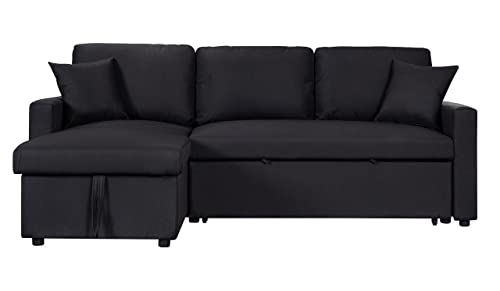 OMGO L Shaped Reversible Sectional Sofa w/Storage Chaise and& 2 Pillows, Convertible Corner Couch with Pull Out Bed, for Small Space Apartment, Living Room, Bedroom, 82.00, Black - Thumbnail 6