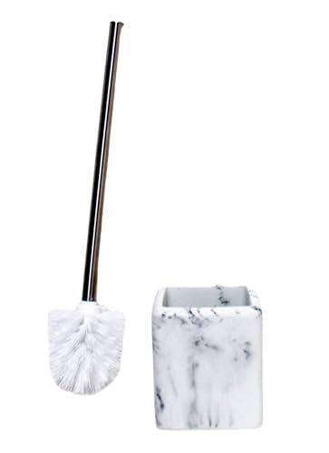 Image of Toilet Brush and Holder Set with Stainless Steel Handle - Modern Marble-Look Polyresin Base, Decorative Bathroom Toilet Bowl Brush with Nylon Bristles, Durable Toilet Cleaning Accessory (White)