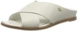 TOMMY HILFIGER Damen Pantolette Leder überkreuzter Riemen Fußbett Slides Uni weiß