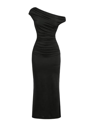 Floerns Girl's Ruched Asymmetrical Neck Short Sleeve Prom Party Bodycon Long Dress
