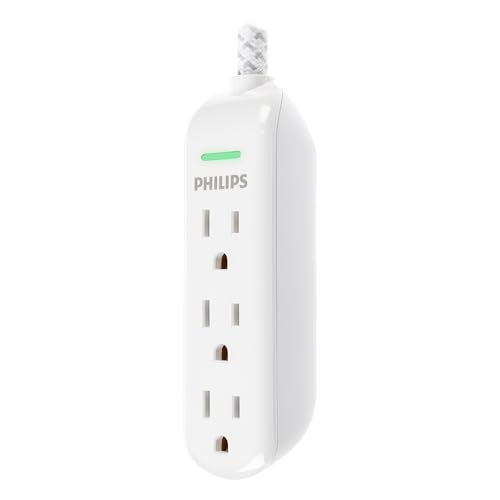 PHILIPS SPP3433BB/37 - 3-Outlet Indoor Extension Cable, Long with Surge Protection, Flat Plug, 300 Joules, UL Listed White, SPP3433BB/37