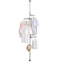 BAOYOUNI Adjustable Laundry Pole Corner Clothes Drying Rack Stand Floor to Ceiling Tension Shelf Metal Coat Tree Hanger Storage Organizer with 4 Arms & 1 Hook - Grey