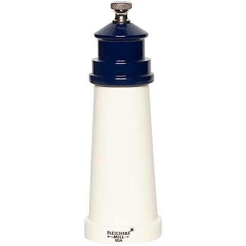 Fletchers' Mill Lighthouse Pepper Mill, White/Cobalt - 6 Inch, Adjustable Coarseness Fine to Coarse, MADE IN U.S.A. Cover