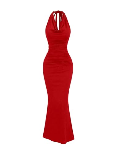 Image of GORGLITTER Women's Halter Formal Cocktail Beach Wedding Guest Maxi Dresses | Cinched Waisted Dress, Cowl Neck Dress, Birthday Club Dresses, Date Night Going Out Dress for Women