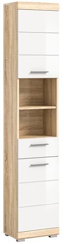 Newroom Hochschrank Weiß Hochglanz Sonoma Eiche hell Badezimmerschrank Modern Zeitlos - 191x37x31 cm (BxHxT) - Schrank Mehrzweckschrank - [Libra.Three] Bad Badezimmer WC