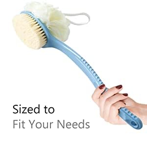Image of 2-in-1 Loofah & Bristle Bath Brush - Curved Back Scrubber with Long Handle for Body Cleaning, Dry Brushing & Shower Use