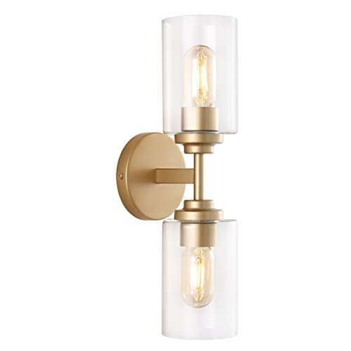 Image of JONATHAN Y 16 inch Brass Gold /Clear Farmhouse 2-Light Wall Sconce, Industrial Vanity Light for Bathroom Mirror, Entryway, Hallway, Clear Glass Cylinder Shades, LED Bulbs (JYL9548B)