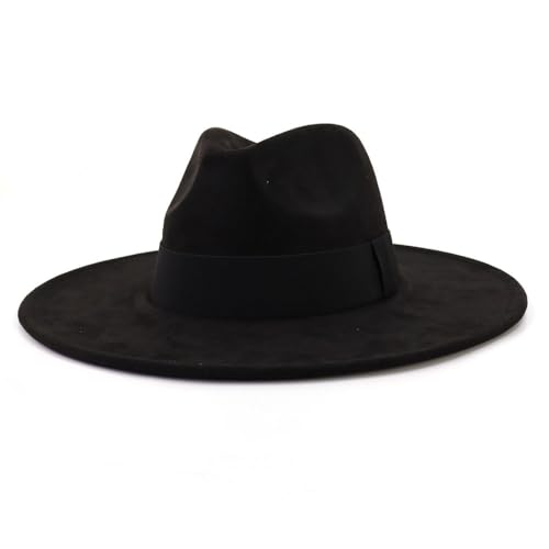 Wotfim Big Wide Brim Fedora Hat For Women Man Classic Suede Panama Hat With Band Western Outdoor Hat-Black cover