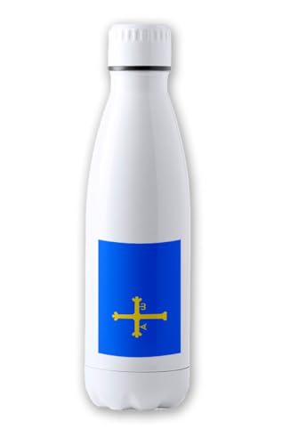 Merchandmanía Bidón Térmico aislante 500 ml acero inoxidable bandera de asturias españa comunidad autonoma tapon seguridad botella deportivo