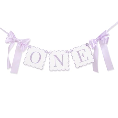 Purple Bow Themed "One" High Chair Banner - Girl 1st Party Decoration,Embroidered Highchair Banner, First Party Cake Smash Prop for Women Baby Shower High Chair Decor by Kaniwati - Used condition - US$16.14