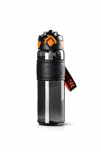 Image of Luvre Sports Water Bottle with Flip Top Lid, Black and Orange, BPA Free Tritan Material, Leak Proof Design with Carry Strap