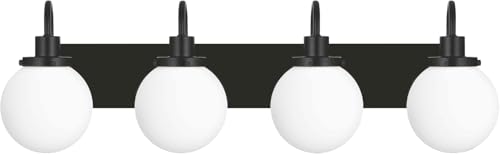 Image of Yaohong Bathroom Light Fixtures Over Mirror, 4-Light Matte Black Vanity Light with Milk White Globe Glass Shade, Mid Century Modern Vanity Lighting Fixtures