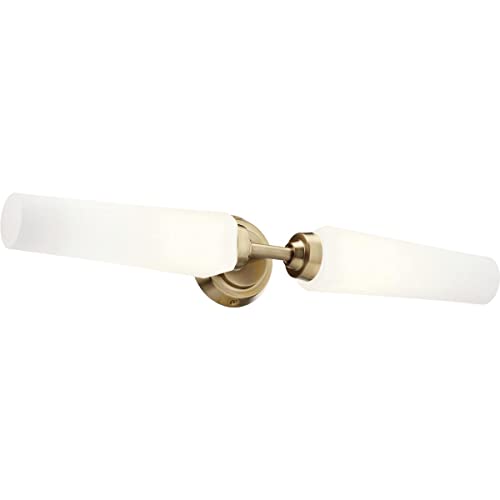 Image of Kichler Truby 24.75 inch 2-Light Bathroom Vanity Light Fixture with Satin Etched Cased Opal Glass in Champagne Bronze, Wall Mount Over Mirror for Bath (24.75 inch x 4.75 inch x 4.5 inch), 55075CPZ