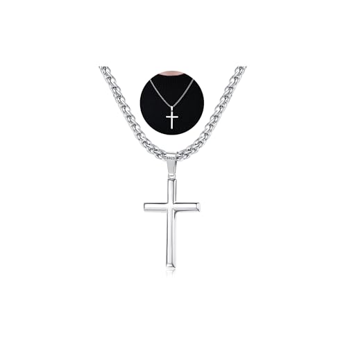 LOLIAS 925 Sterling Silver Cross Necklace Men-Removable Silver Cross Pendant with Hypoallergenic 316L Stainless Steel Wheat Chain Crucifix Necklace Jewelry for Mens Women, 16-30 Inches