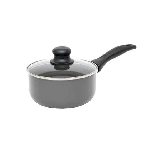 IMUSA Gray Ceramic Saucepan 1.5 Qt with Glass Lid, Nonstick with Cool-Touch Handle, Small Pot for Sauces, Soups, Stews and More