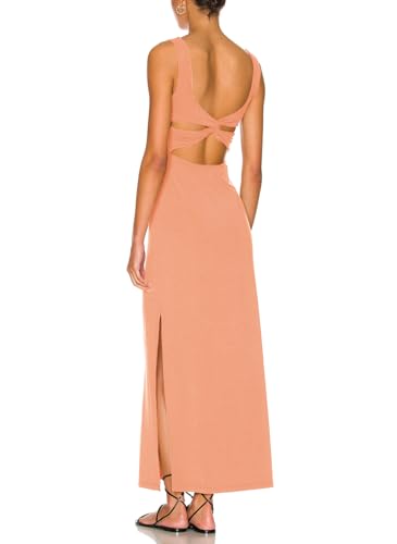 Image of Women Backless Bodycon Maxi Dress High Side Slit Twist Back Tank Dress | Criss Cross Twist Back Clubwear Scoop Neck Evening Party Dress Casual Vacation Beach Sundress Sleeveless Slit Prom Gown