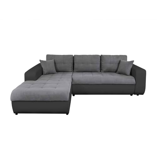 LOUNGITUDE - Suzie - Canapé d'angle - Convertible - 4 Places - Revêtement capitonné - Simili/Microfibre - Noir/Gris - Angle Gauche - L246cm