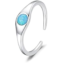 Adjustable Ring White Gold, Womens 9K/14K/18K Gold Simple Open Ring with 5mm Round Blue Opal
