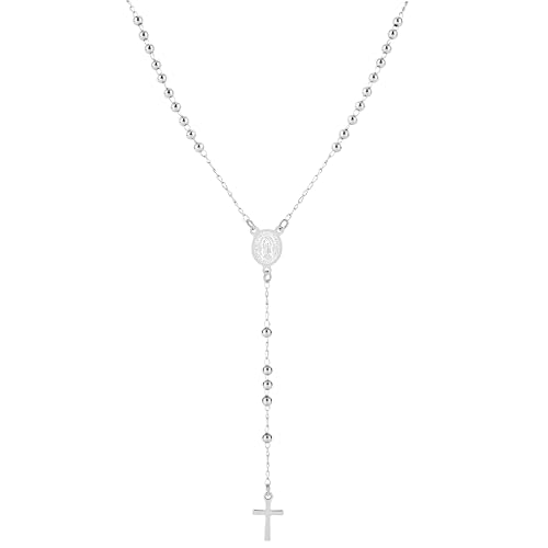 Pomeliary Rosary Cross Necklace for Women Virgin Mary Rosary Bead Necklace Catholic Jewelry Silver